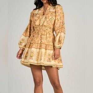 ELAN long sleeve print tie neck dress in cream monterey print Medium Lined